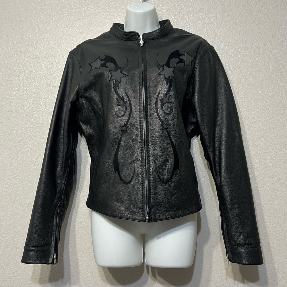 Elegant Black Leather Jacket with Star Accents